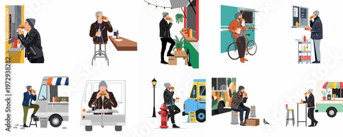 Collection of illustrations featuring a man in a leather jacket and beanie enjoying burgers at various street food trucks and urban settings.