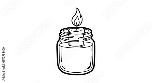 Hand-drawn illustration of a burning candle in a jar, simple line art, symbol of light and hope