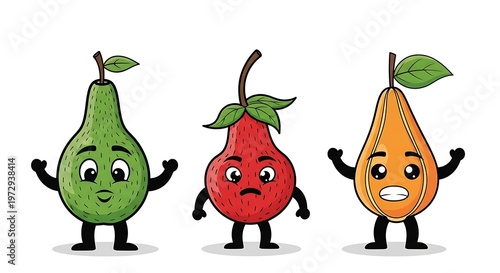 Fruits with legs, arms, and a face.