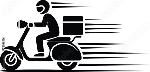 Fast delivery icon, courier riding a scooter with a delivery box on the back, vector illustration