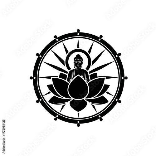 Buddha Lotus Dharma Wheel Badge Black Minimal Vector Logo