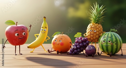 Fruits with legs, arms, and a face.