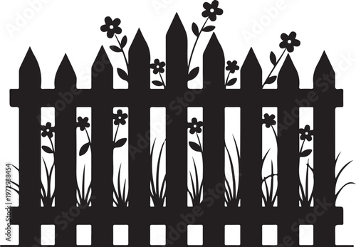 Black silhouette picket fence with flowers and grass