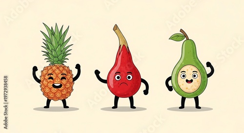 Fruits with legs, arms, and a face.