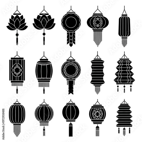 Vesak Lantern Set Black Silhouette Festival Icon Pack Vector