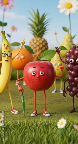 Fruits with legs, arms, and a face.