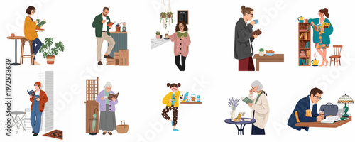 Flat illustration set of diverse people of all ages reading books and enjoying coffee in various cozy interior settings.