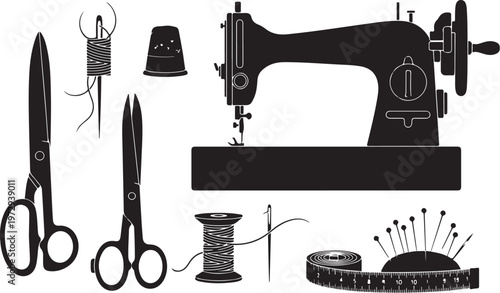 Black sewing machine and tools on white background