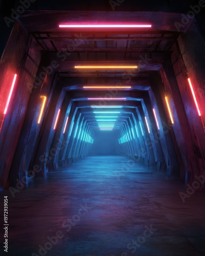 Futuristic Neon Tunnel with Geometric Architecture and Vibrant Lighting.