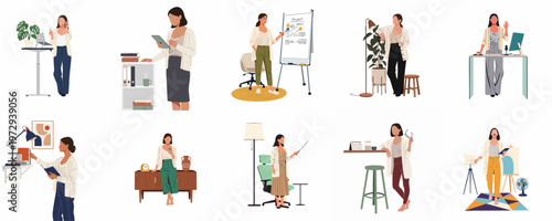 Set of Flat Vector Illustrations Featuring a Professional Woman Working in Various Home and Office Environments