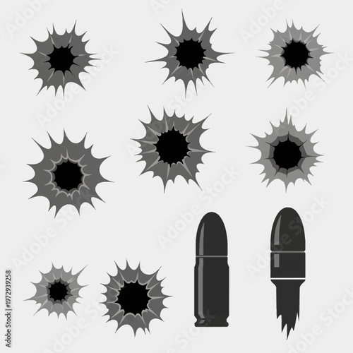 Vector collection of bullet hole silhouettes, impact marks, and ammunition projectiles. Includes jagged metallic damage effects from gunshots and ballistic penetration icons.