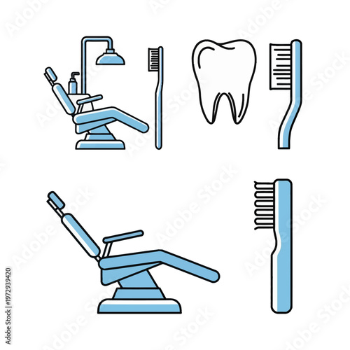 Vector illustration set of dental clinic icons featuring blue and black line art of professional examination chairs, manual toothbrushes, and a molar tooth on a white background.