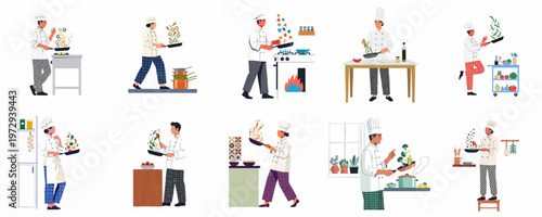 Collection of diverse professional chefs cooking and tossing food in frying pans in various restaurant kitchen scenes, flat vector illustration set.