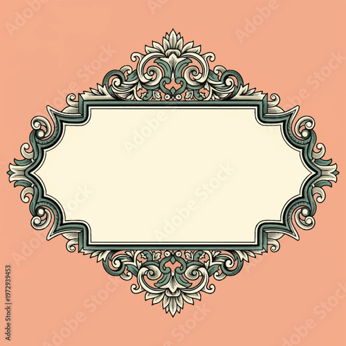 Intricate vintage ornate frame featuring symmetrical baroque scrollwork, acanthus leaves, and filigree border design on a peach background with a blank central plaque for text.