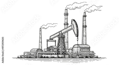 Woodcut style illustration of an industrial oil refinery with a pumpjack, smoking chimneys, and pipelines, rendered in black and white line art with vintage engraving textures.