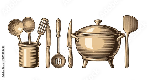 Vintage woodcut illustration of a kitchen utensil set featuring a lidded cooking pot, wooden spoons in a jar, knives, a slotted spatula, and a skimmer isolated on white background.