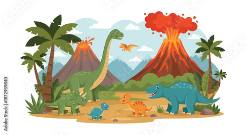 Cartoon prehistoric landscape with diverse dinosaurs including Brachiosaurus, Triceratops, and Tyrannosaurus near erupting volcanoes, palm trees, and mountains on white background.