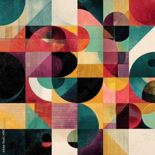 Geometric Abstract Art with Circles and Triangles in Vibrant Colors.