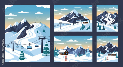 Set of five flat vector illustrations of winter ski resort landscapes featuring snow-capped mountain peaks, cable car gondolas, chairlifts, downhill ski slopes, chalets, and pine trees.