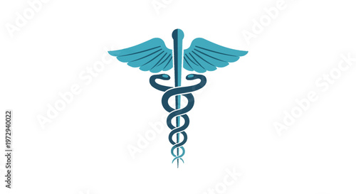 Stylized teal and navy blue caduceus medical symbol featuring two intertwined serpents and spread wings on a central staff, isolated vector graphic on a solid white background.