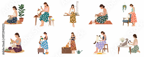 Set of illustrations depicting women in floral skirts caring for and brushing their fluffy cats at home.