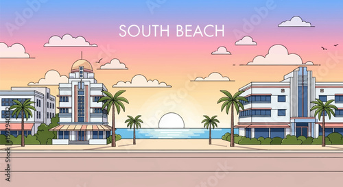 Flat vector illustration of South Beach, Miami at sunrise with iconic Art Deco buildings, palm trees, sandy beach, Atlantic Ocean horizon, pastel sky, and South Beach text.