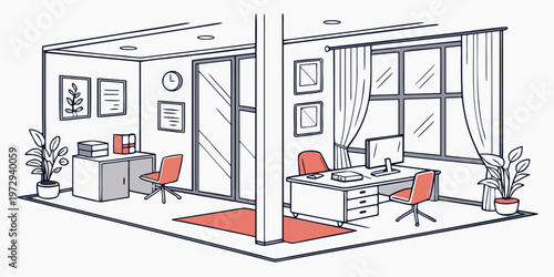 A modern office space with two desks and red chairs