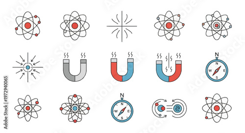 Vector icon set featuring physics concepts: Bohr atomic models with nucleus and electrons, horseshoe magnets, navigational compasses, magnetic field lines, and subatomic particle interactions.