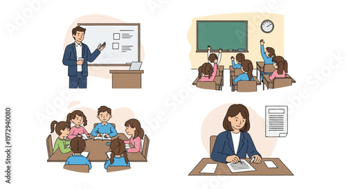 Educational flat vector illustration set featuring a teacher at a whiteboard, students raising hands in class, children studying together, and an educator grading papers at a desk.
