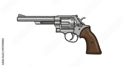 Hand-drawn vector illustration of a classic vintage revolver handgun featuring a long steel barrel, rotating cylinder, textured wooden grip, and iron sights isolated on white background.