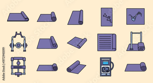 Vector set of purple yoga mat icons and fitness equipment including rolled and unrolled exercise mats, gym machinery, and workout tools in a flat outline style on light background.