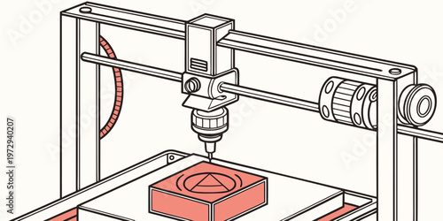A 3d printer in action creating a red cube with a triangle design on top