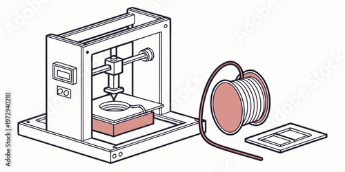 A line drawing of a 3d printer with spool of filament and sample print