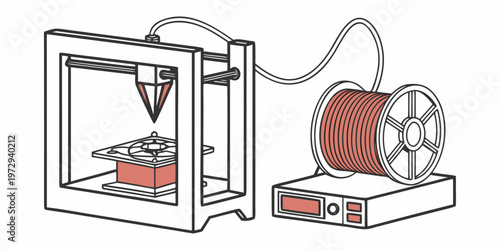 An illustration of a 3d printer and spool of filament on a used for creating objects