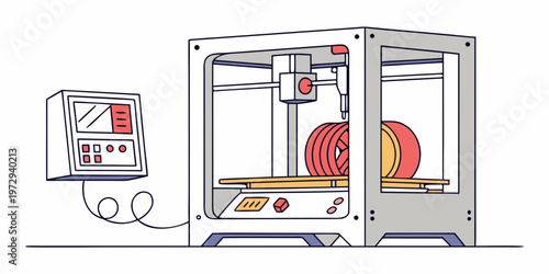 An illustration of a 3d printer with a control panel and a spool of red and yellow filament inside the machine