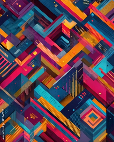 Vibrant Geometric Abstract Pattern with Intersecting Lines and Shapes.