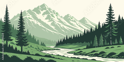 Serene mountain landscape with a winding river and lush greenery in a natural scenic valley surrounded by tall pine trees and majestic snow capped peaks