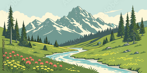 A serene mountain landscape with a winding river and vibrant wildflowers in a lush green valley surrounded by tall trees and snowcapped peaks under a blue sky with fluffy clouds