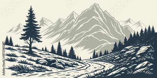 A winding road through a mountainous landscape with trees and rocks on the side of the road in a graphic illustration