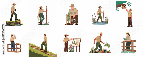 Flat illustration set of park rangers performing various duties like patrolling, planting trees, guiding visitors, and maintaining trails in national parks.