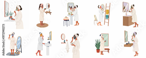 Collection of vector illustrations featuring women in bathrobes performing daily skincare routines, applying facial masks and treatments in various bathroom settings.