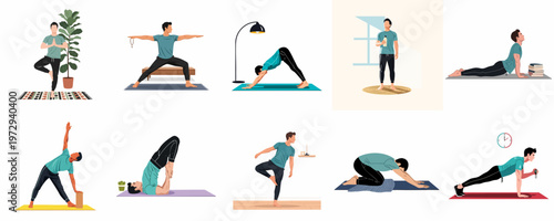 Flat illustration set of a young man practicing different yoga poses and exercises at home for health, wellness, and fitness.