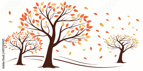 Autumn scene with trees and leaves falling on a in a seasonal illustration