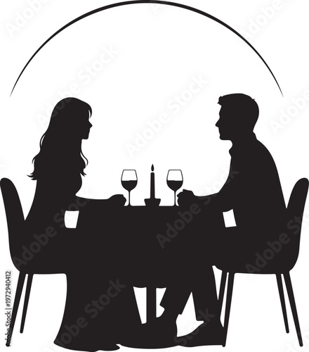 Black silhouette couple sitting at dinner table with wine glasses
