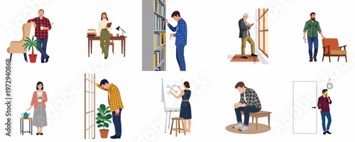Collection of vector illustrations depicting diverse men and women in various everyday life and professional activities, isolated on a white background.
