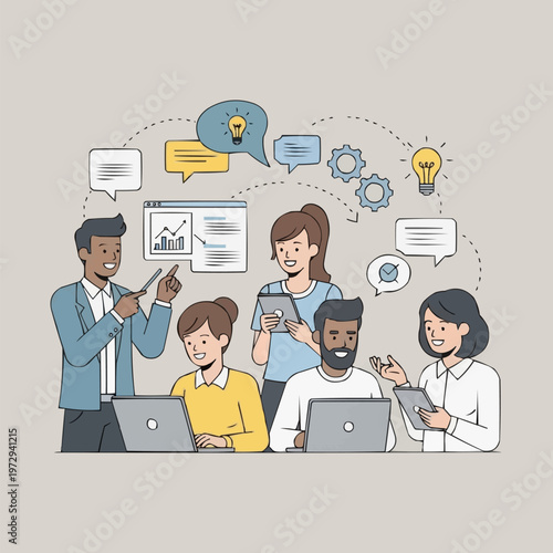 Collaborative business team brainstorming with laptops and digital tablets, creative office coworkers sharing ideas, professional startup group vector