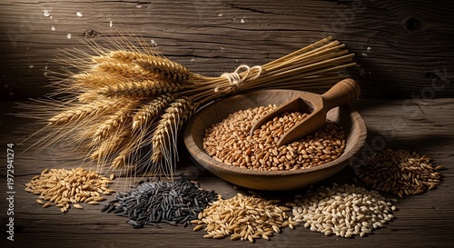 Rustic Harvest Composition with Wheat Sheaf and Assorted Grains