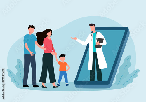 Family doctor online. Man and woman with children at appointment with doctor on internet. Health care and medicine. Pediatrician appointment vector illustration.