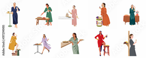 Elegant set of flat illustrations of diverse women enjoying drinks and appetizers at a stylish social gathering or party.