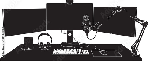 Black silhouette of computer workstation with three monitors and microphone